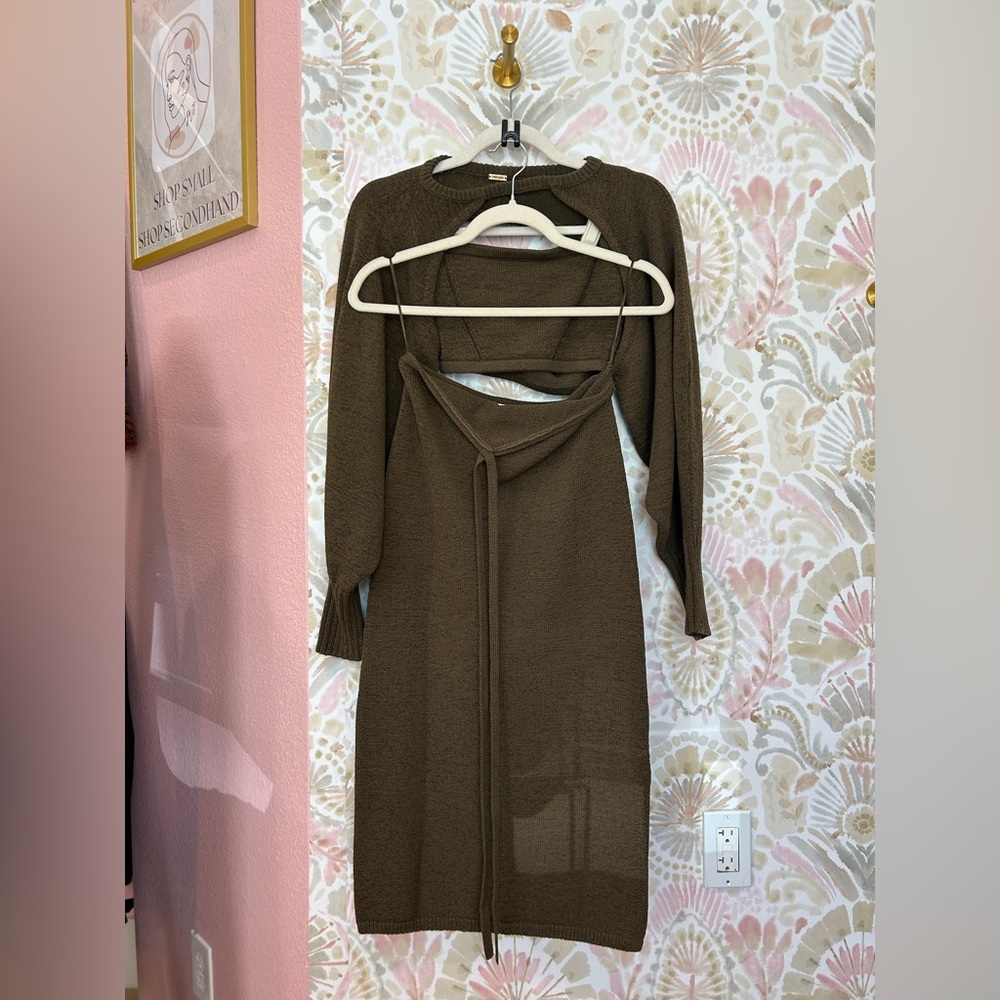 CULT GAIA 3 Piece Set Sally Knit Top, Shrug, and Skirt in Advieh Olive Green XS - Picture 2 of 7